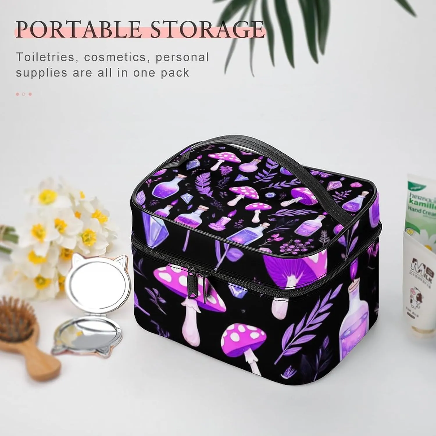 Women's Large Makeup Bag, Portable Cosmetic Brush Bags Gothic Magic Witch Witchy Trippy Purple Mushrooms Makeup Organizer Case Travel Toiletry Accessories