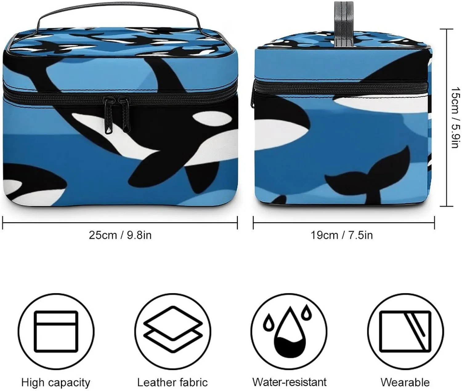 Women's Large Makeup Bag, Portable Cosmetic Brush Bags Ocean Orca Killer Whale Makeup Organizer Case Travel Toiletry Accessories