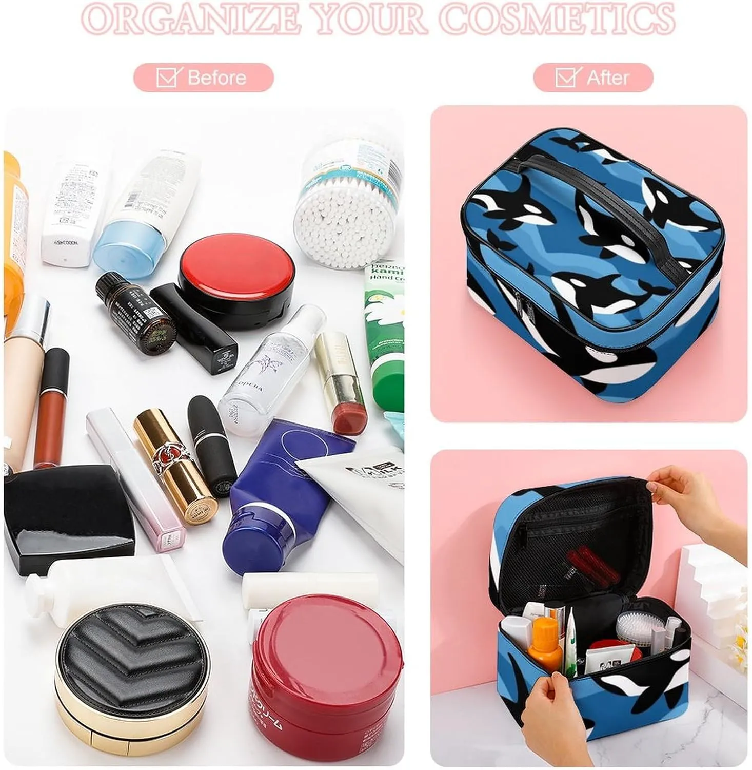 Women's Large Makeup Bag, Portable Cosmetic Brush Bags Ocean Orca Killer Whale Makeup Organizer Case Travel Toiletry Accessories