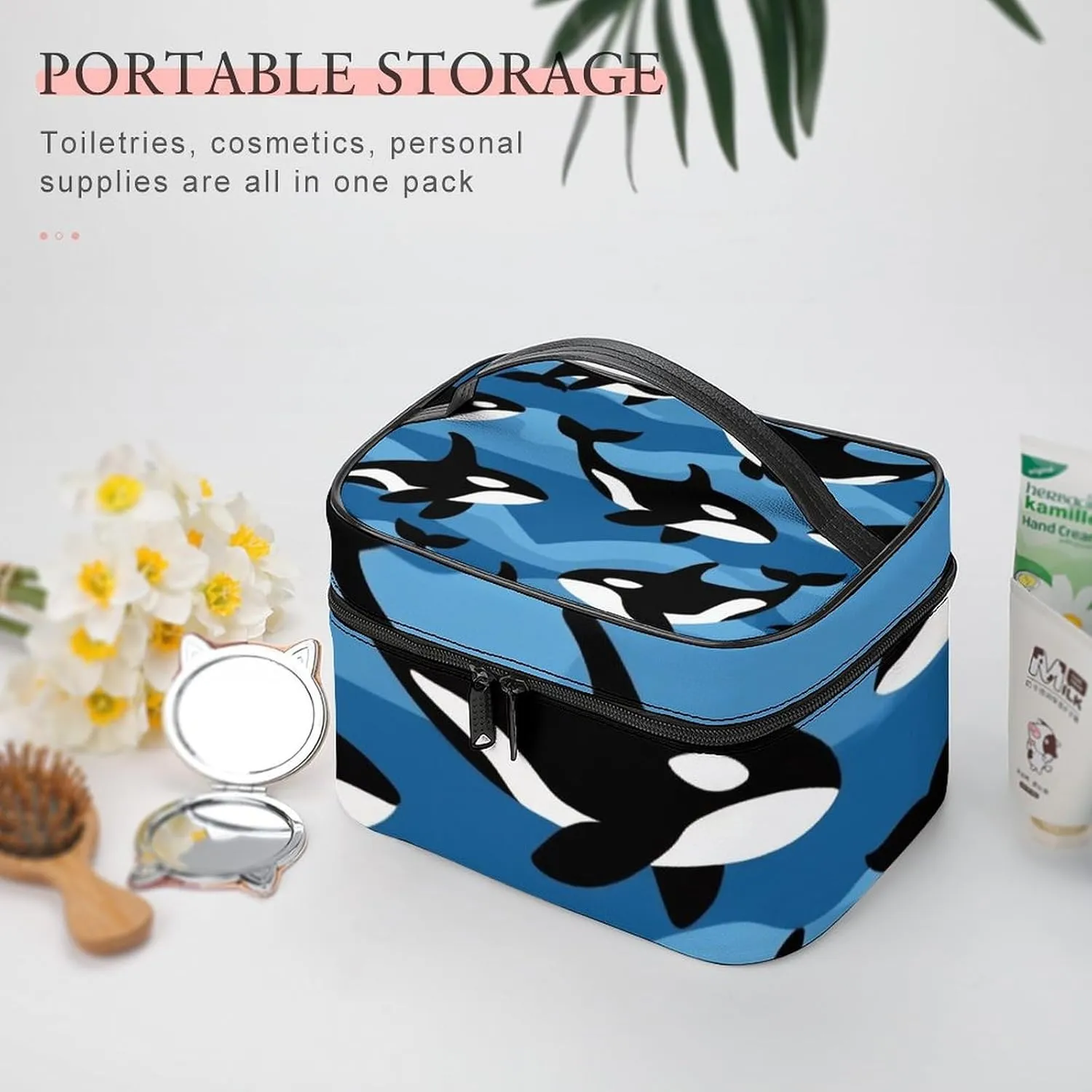 Women's Large Makeup Bag, Portable Cosmetic Brush Bags Ocean Orca Killer Whale Makeup Organizer Case Travel Toiletry Accessories