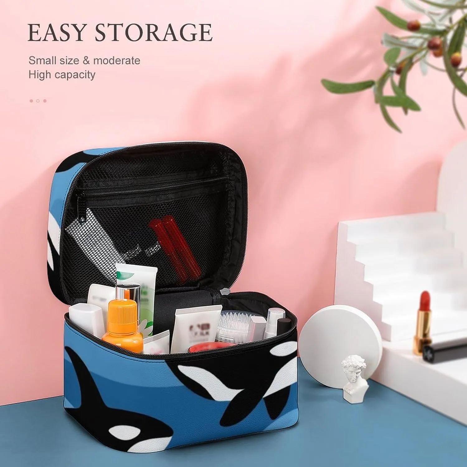 Women's Large Makeup Bag, Portable Cosmetic Brush Bags Ocean Orca Killer Whale Makeup Organizer Case Travel Toiletry Accessories