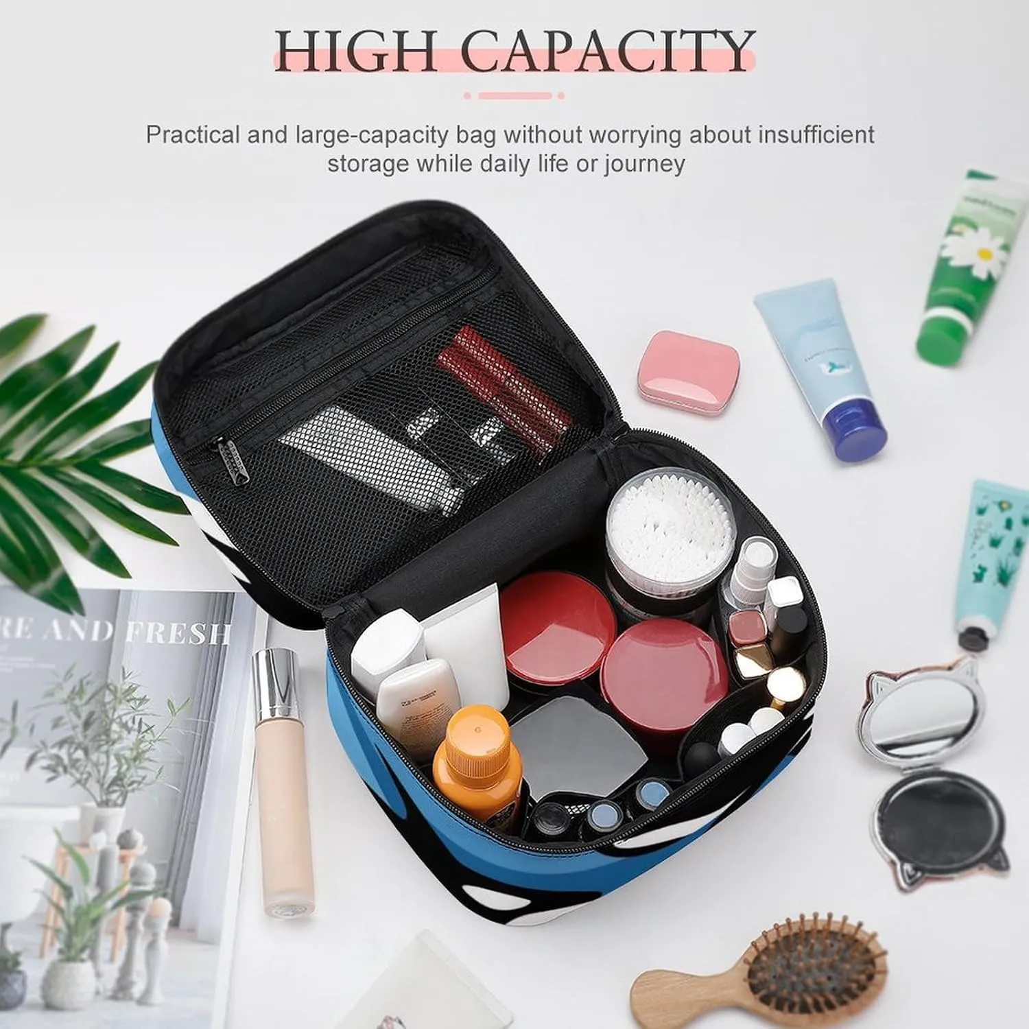Women's Large Makeup Bag, Portable Cosmetic Brush Bags Ocean Orca Killer Whale Makeup Organizer Case Travel Toiletry Accessories