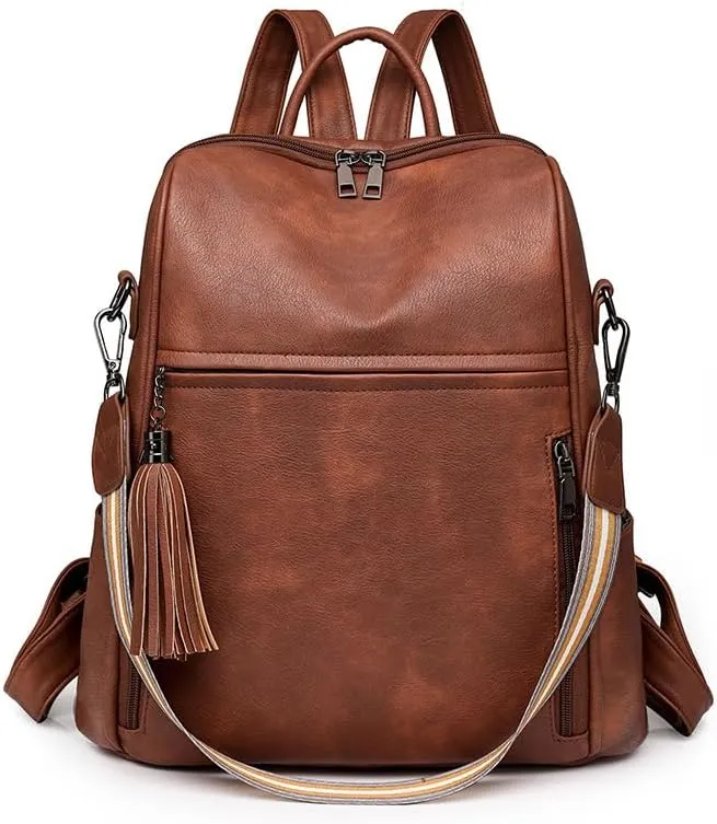 Women's Leather Backpack Purse with Tassel, Convertible Women Shoulder Bags, Fashion Handbags for Work Travel (Brown)