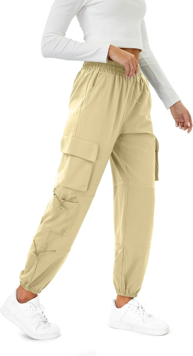 Womens Parachute Cargo Pants with Pockets Quick Dry Hiking Pants Lightweight Water-Resistant Baggy Joggers