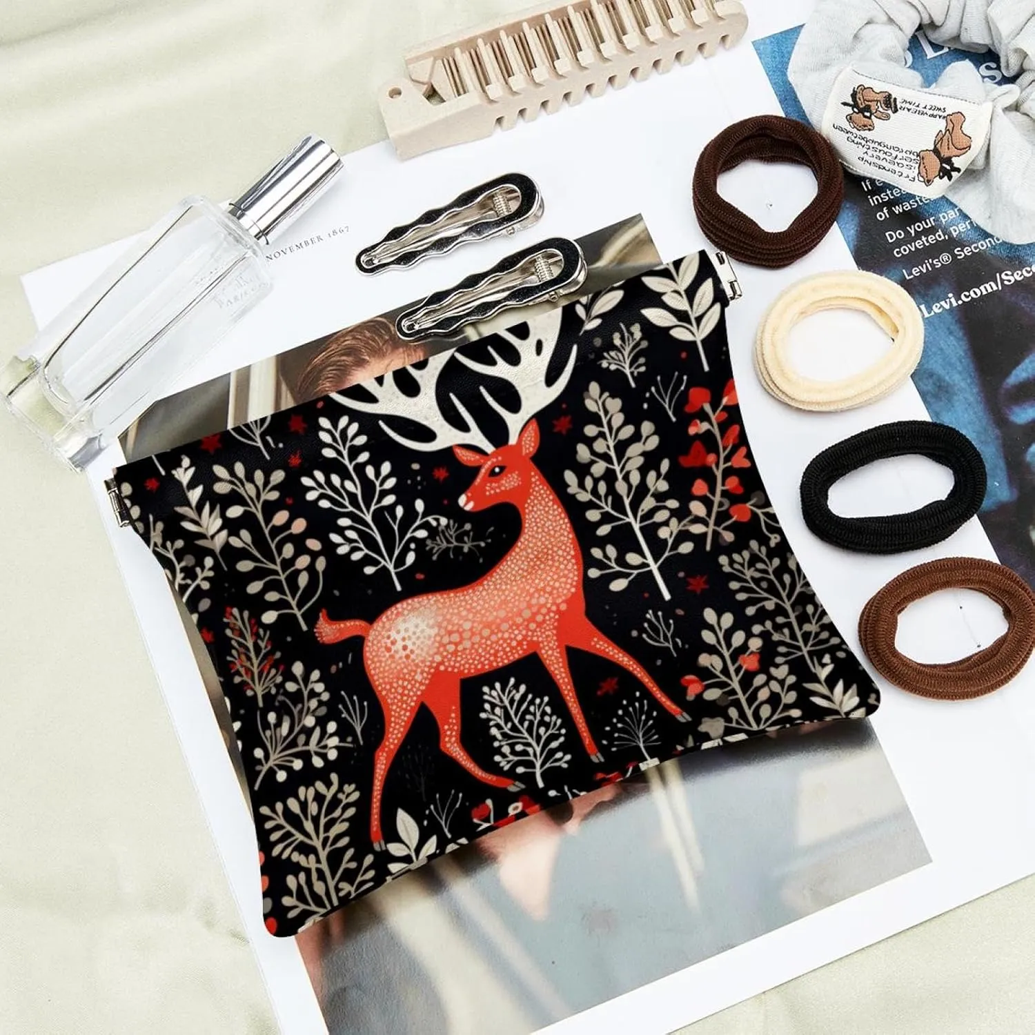 Women’s Pocket Cosmetic Bags, Waterproof Leather Makeup Bag No Zipper Self-Closing Makeup Pouch for Girls, Mini Bag for Purse - Cute Christmas Elk-18