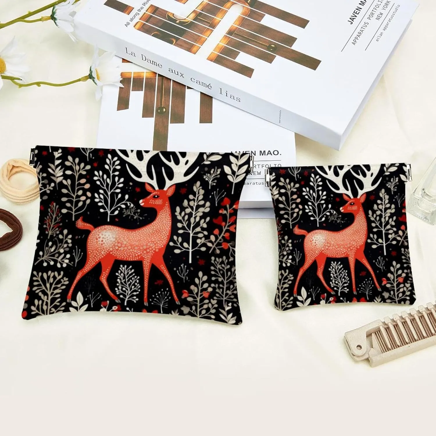 Women’s Pocket Cosmetic Bags, Waterproof Leather Makeup Bag No Zipper Self-Closing Makeup Pouch for Girls, Mini Bag for Purse - Cute Christmas Elk-18