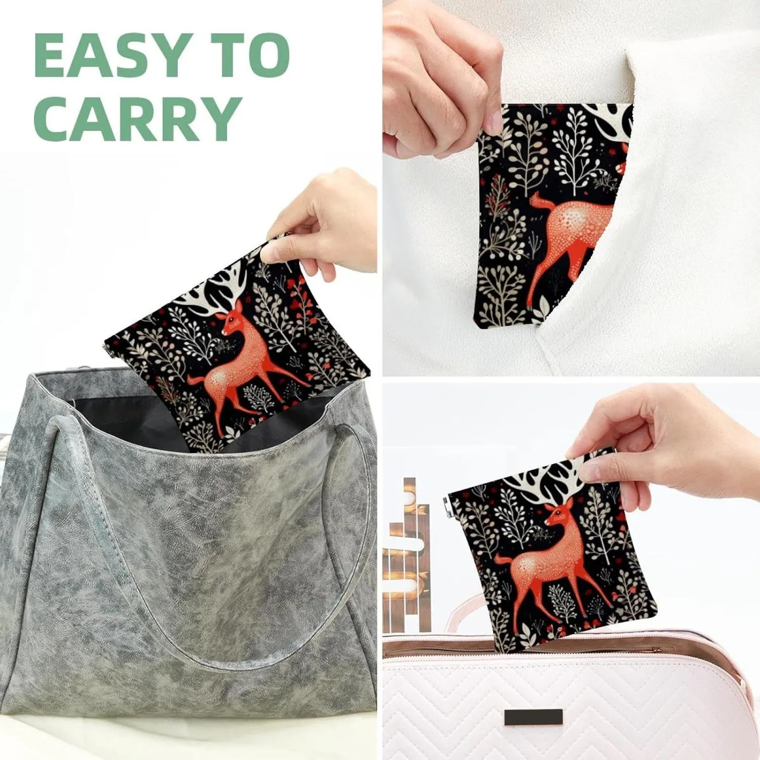 Women’s Pocket Cosmetic Bags, Waterproof Leather Makeup Bag No Zipper Self-Closing Makeup Pouch for Girls, Mini Bag for Purse - Cute Christmas Elk-18