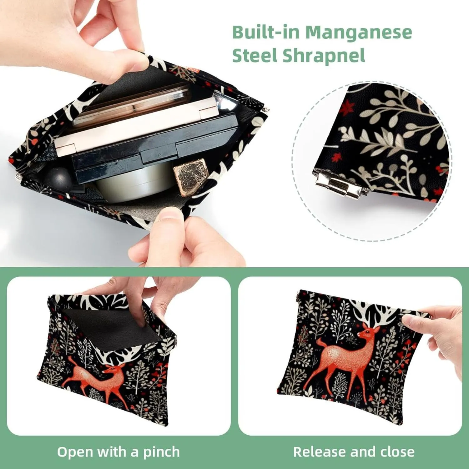 Women’s Pocket Cosmetic Bags, Waterproof Leather Makeup Bag No Zipper Self-Closing Makeup Pouch for Girls, Mini Bag for Purse - Cute Christmas Elk-18