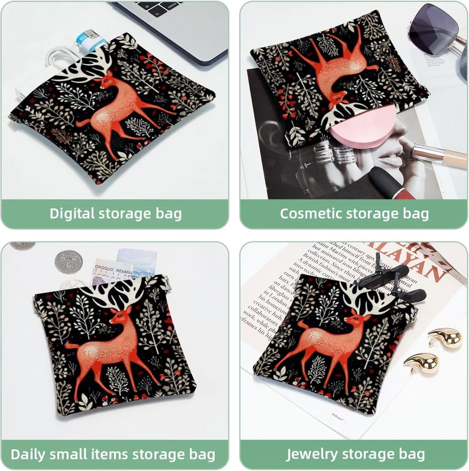 Women’s Pocket Cosmetic Bags, Waterproof Leather Makeup Bag No Zipper Self-Closing Makeup Pouch for Girls, Mini Bag for Purse - Cute Christmas Elk-18