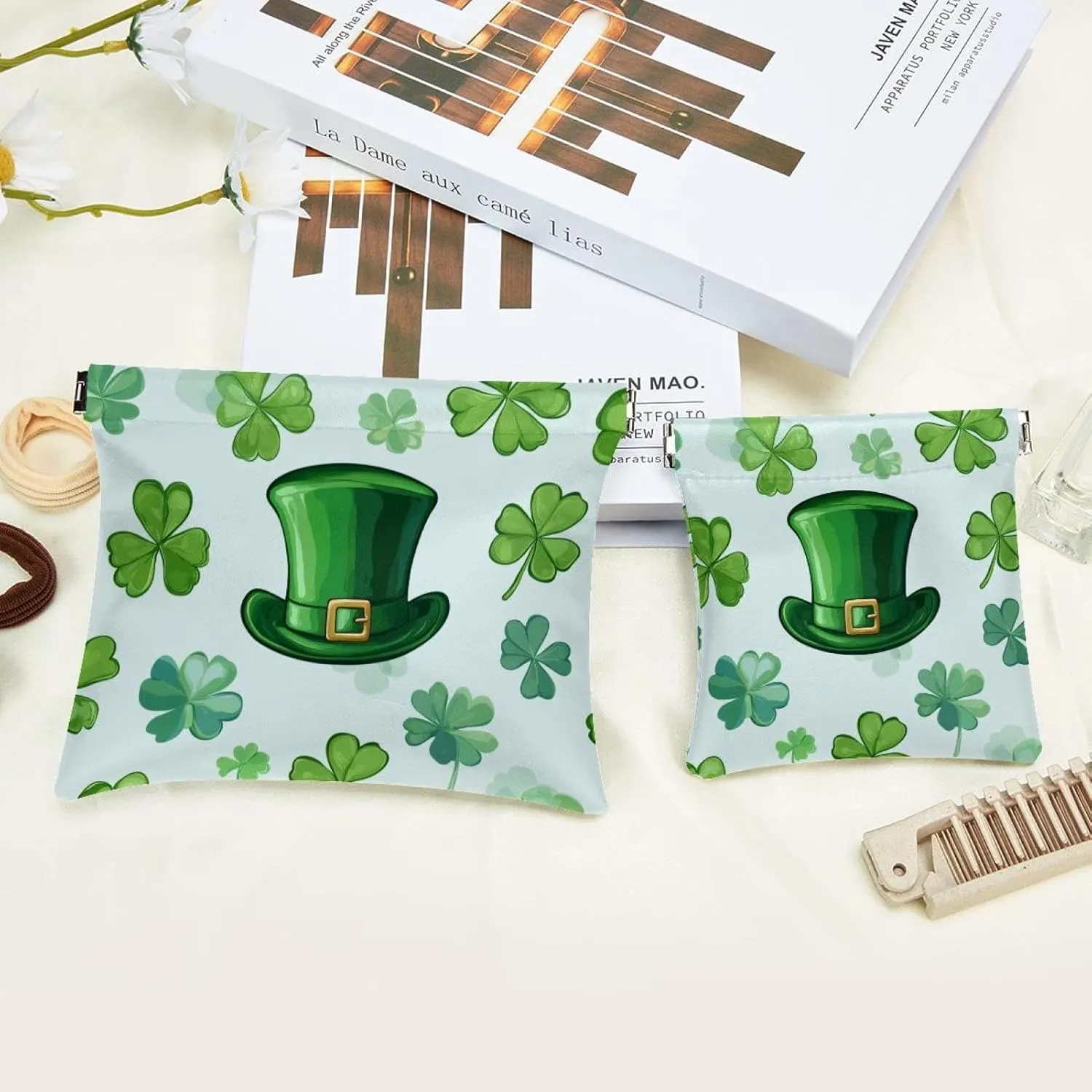 Women’s Pocket Cosmetic Bags, Waterproof Leather Makeup Bag No Zipper Self-Closing Makeup Pouch for Girls, Mini Bag for Purse - St. Patrick's Day Hat and Clover Leaf Seamless Pattern