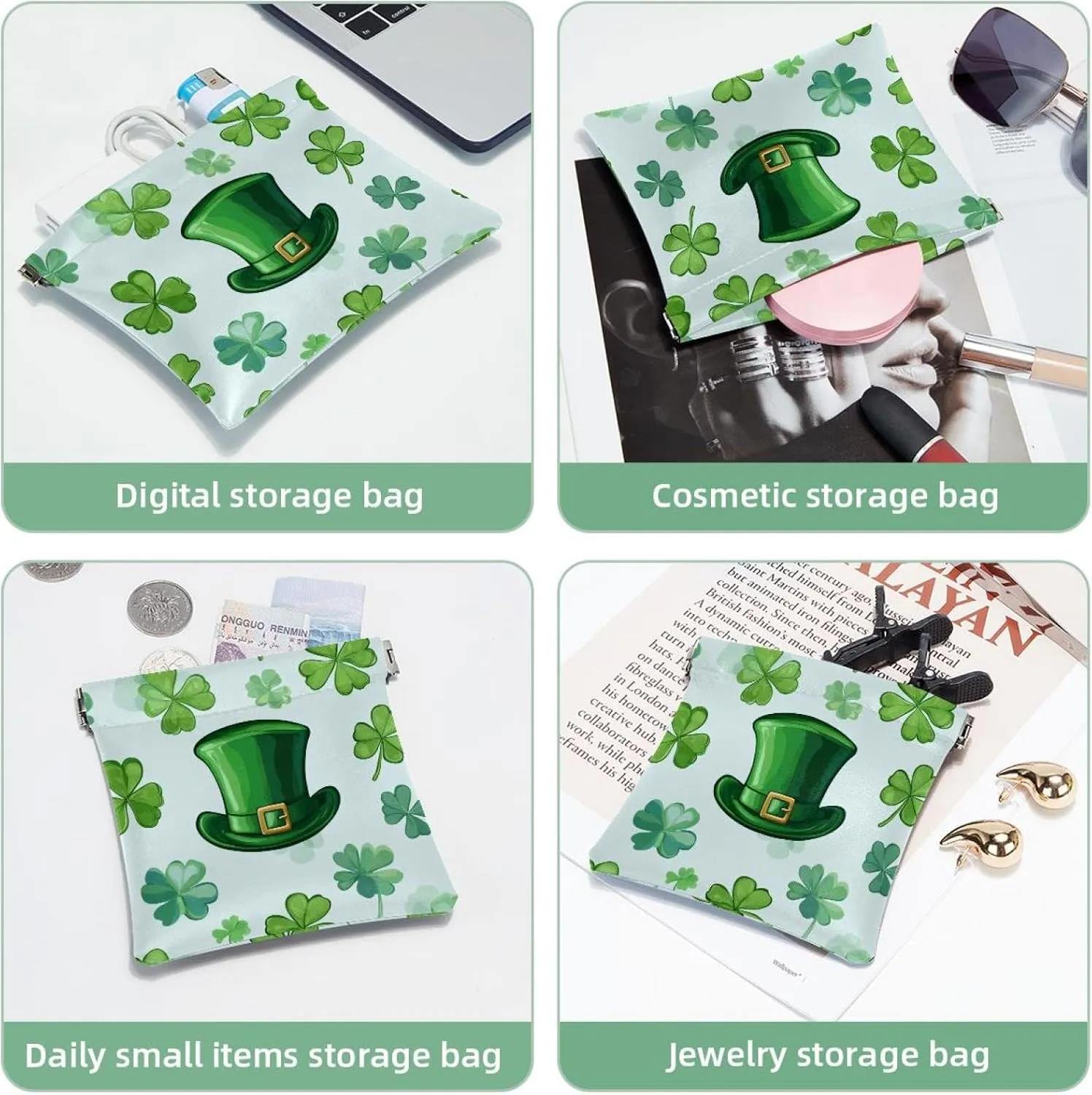 Women’s Pocket Cosmetic Bags, Waterproof Leather Makeup Bag No Zipper Self-Closing Makeup Pouch for Girls, Mini Bag for Purse - St. Patrick's Day Hat and Clover Leaf Seamless Pattern
