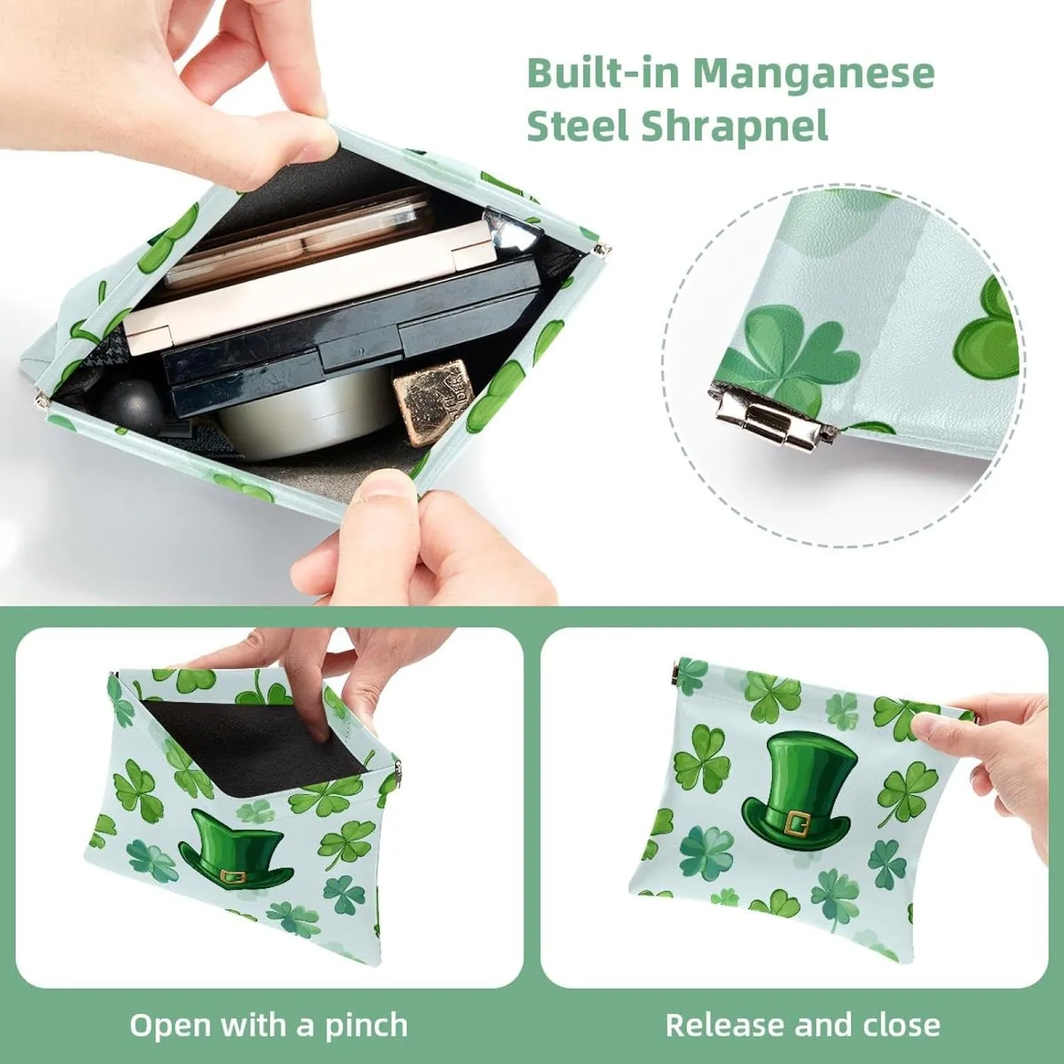 Women’s Pocket Cosmetic Bags, Waterproof Leather Makeup Bag No Zipper Self-Closing Makeup Pouch for Girls, Mini Bag for Purse - St. Patrick's Day Hat and Clover Leaf Seamless Pattern