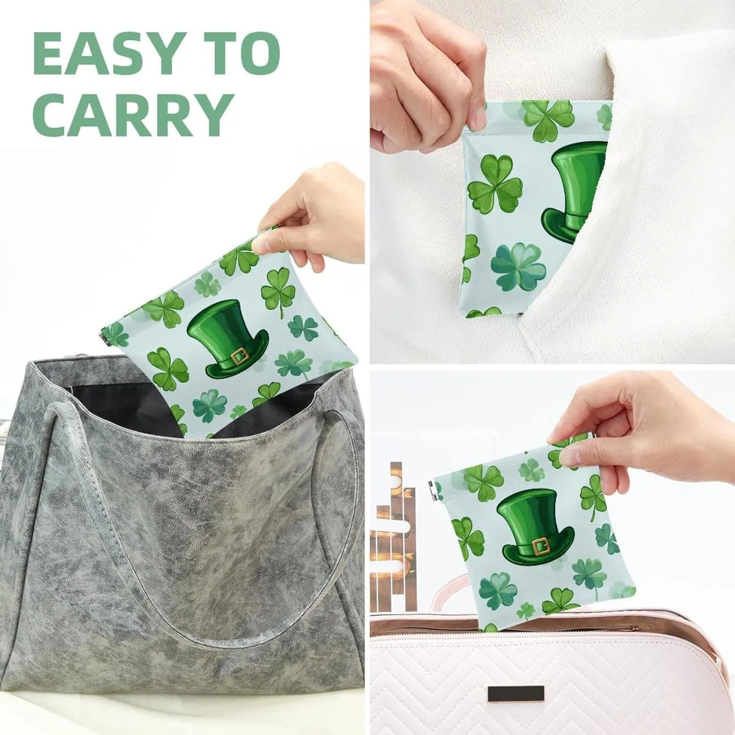 Women’s Pocket Cosmetic Bags, Waterproof Leather Makeup Bag No Zipper Self-Closing Makeup Pouch for Girls, Mini Bag for Purse - St. Patrick's Day Hat and Clover Leaf Seamless Pattern