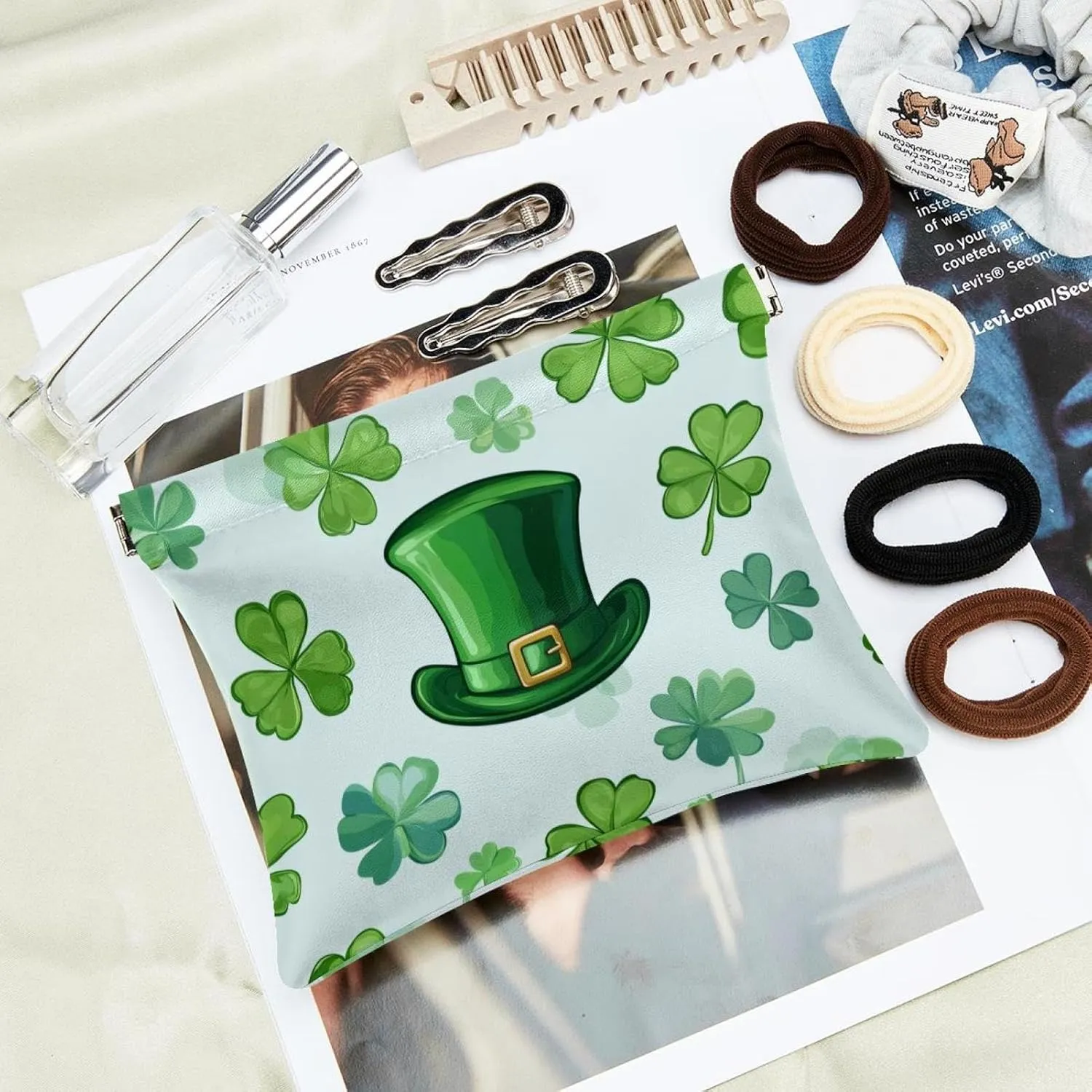 Women’s Pocket Cosmetic Bags, Waterproof Leather Makeup Bag No Zipper Self-Closing Makeup Pouch for Girls, Mini Bag for Purse - St. Patrick's Day Hat and Clover Leaf Seamless Pattern