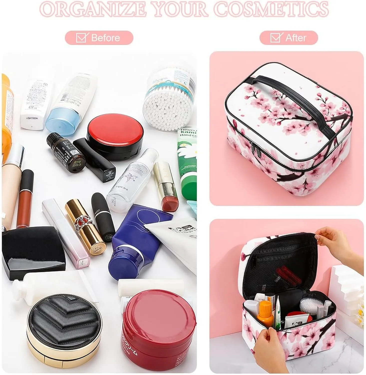 Women's Portable Makeup Bag, Travel Large Cosmetic Storage Case Branch Of A Flourishing Tree Cherry Flowers Blossoms Spring Theme Art Toiletry Organizer Bag with Zipper Pouch