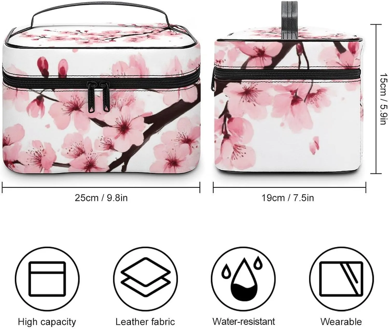 Women's Portable Makeup Bag, Travel Large Cosmetic Storage Case Branch Of A Flourishing Tree Cherry Flowers Blossoms Spring Theme Art Toiletry Organizer Bag with Zipper Pouch