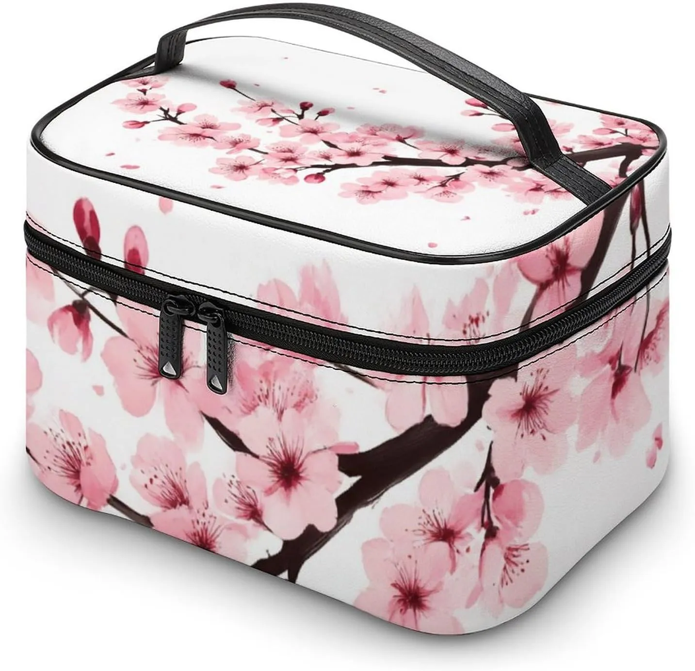Women's Portable Makeup Bag, Travel Large Cosmetic Storage Case Branch Of A Flourishing Tree Cherry Flowers Blossoms Spring Theme Art Toiletry Organizer Bag with Zipper Pouch