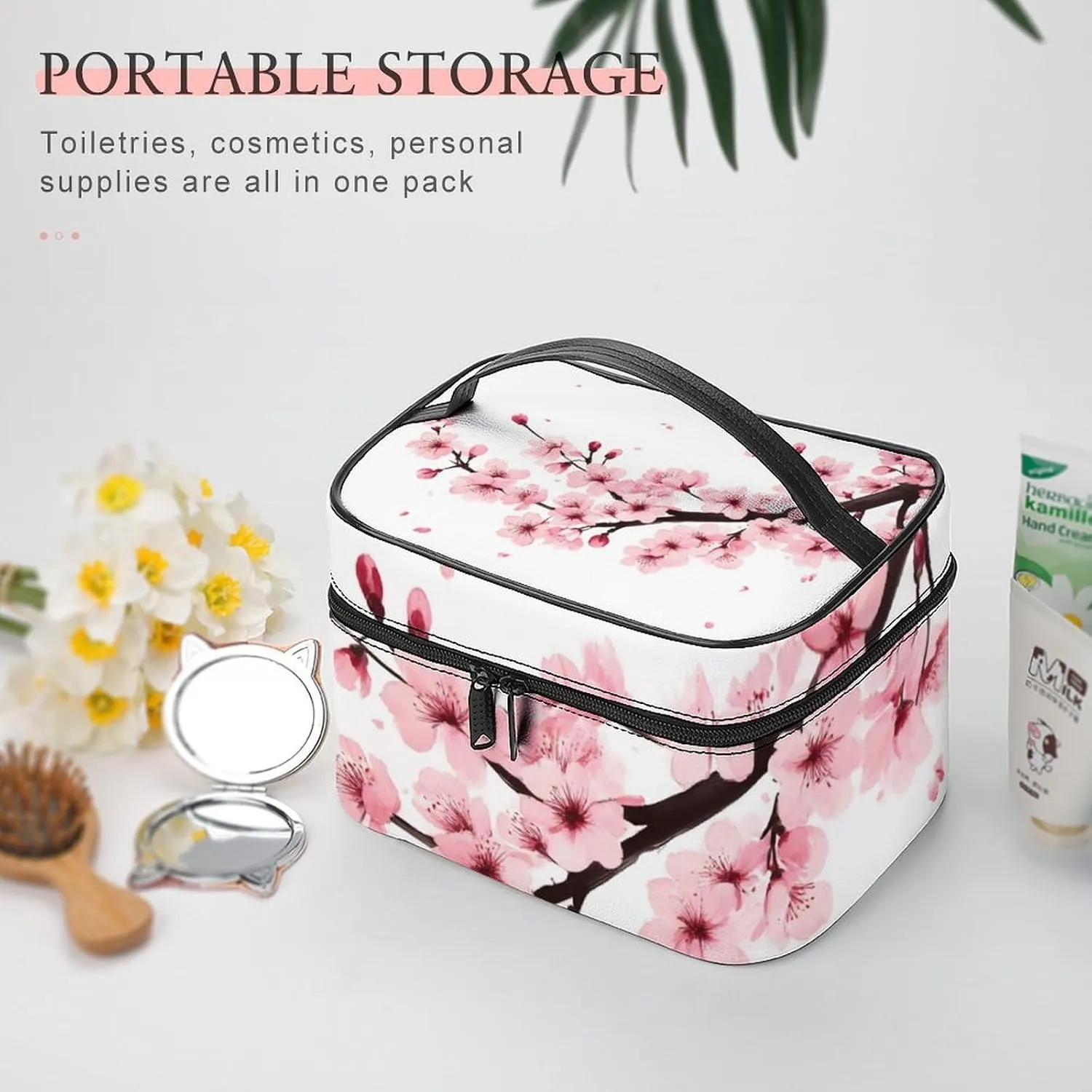 Women's Portable Makeup Bag, Travel Large Cosmetic Storage Case Branch Of A Flourishing Tree Cherry Flowers Blossoms Spring Theme Art Toiletry Organizer Bag with Zipper Pouch