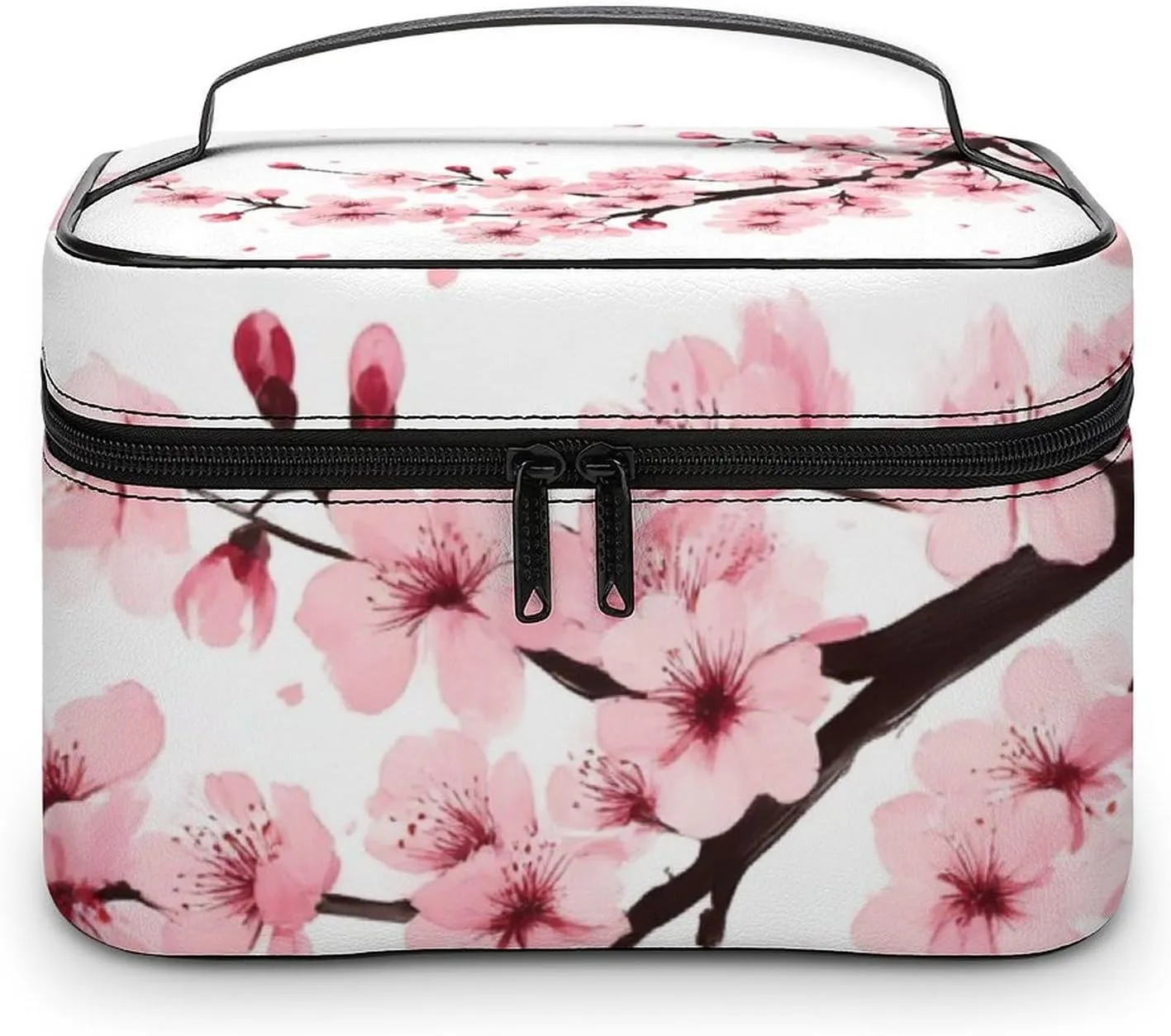 Women's Portable Makeup Bag, Travel Large Cosmetic Storage Case Branch Of A Flourishing Tree Cherry Flowers Blossoms Spring Theme Art Toiletry Organizer Bag with Zipper Pouch