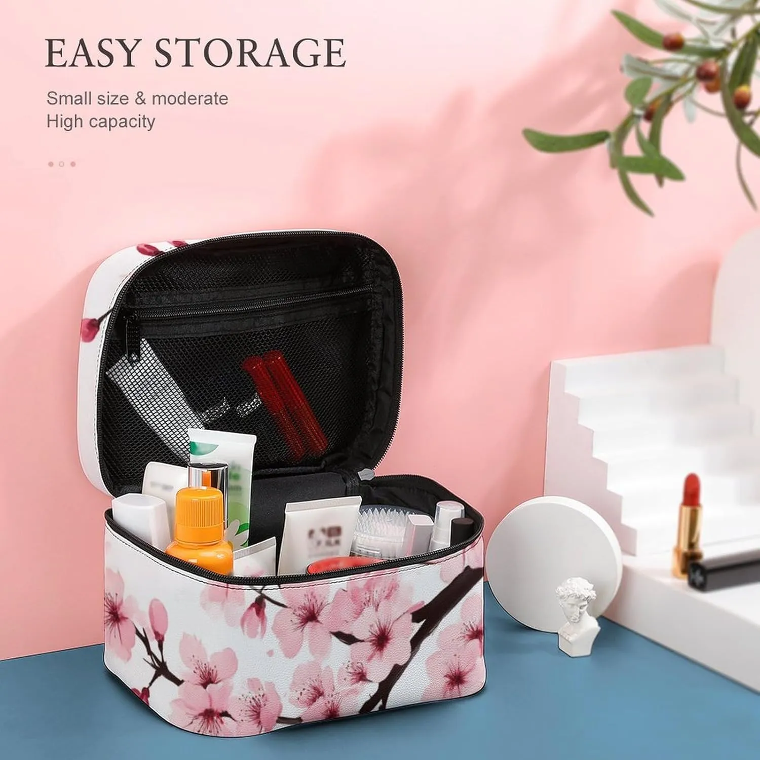 Women's Portable Makeup Bag, Travel Large Cosmetic Storage Case Branch Of A Flourishing Tree Cherry Flowers Blossoms Spring Theme Art Toiletry Organizer Bag with Zipper Pouch