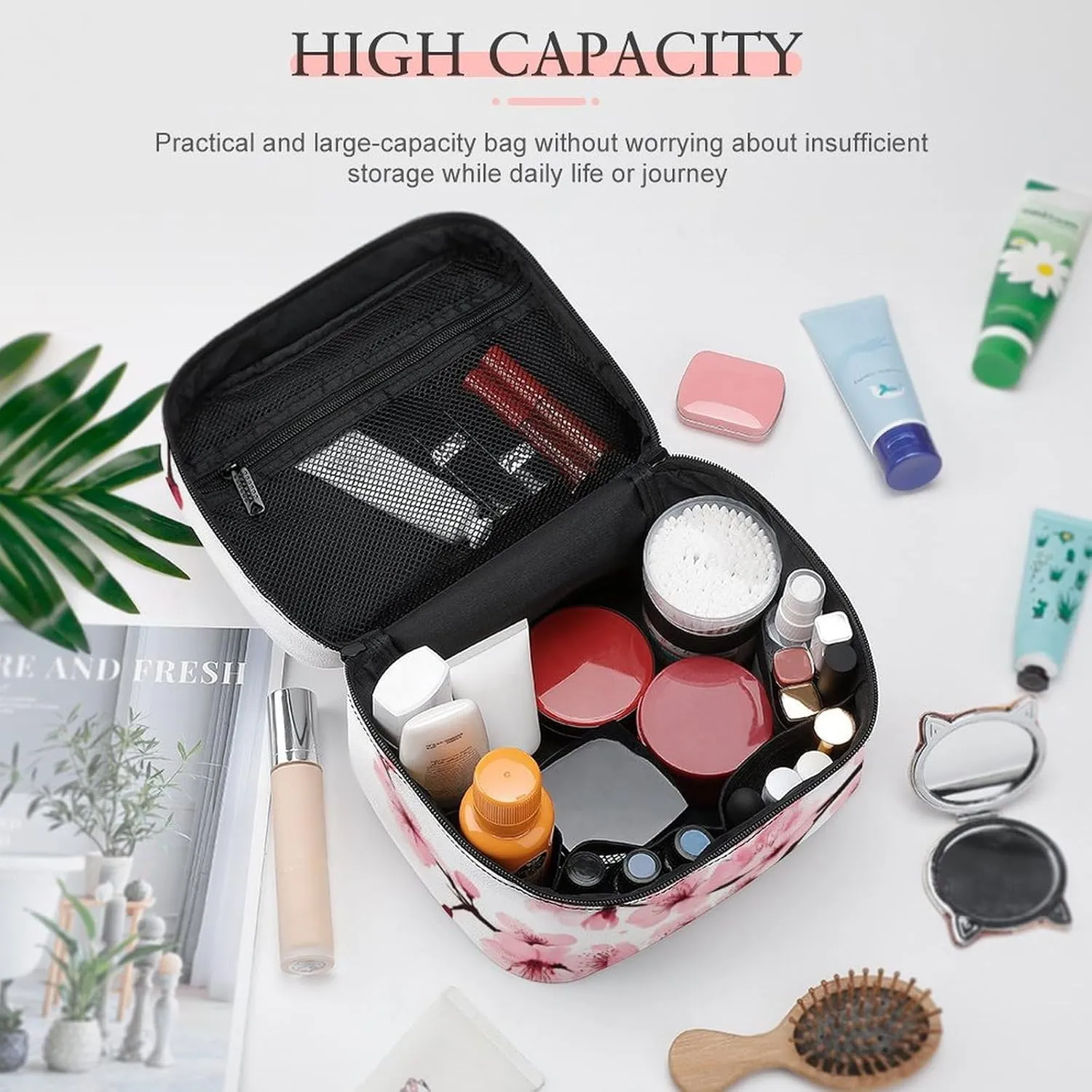 Women's Portable Makeup Bag, Travel Large Cosmetic Storage Case Branch Of A Flourishing Tree Cherry Flowers Blossoms Spring Theme Art Toiletry Organizer Bag with Zipper Pouch