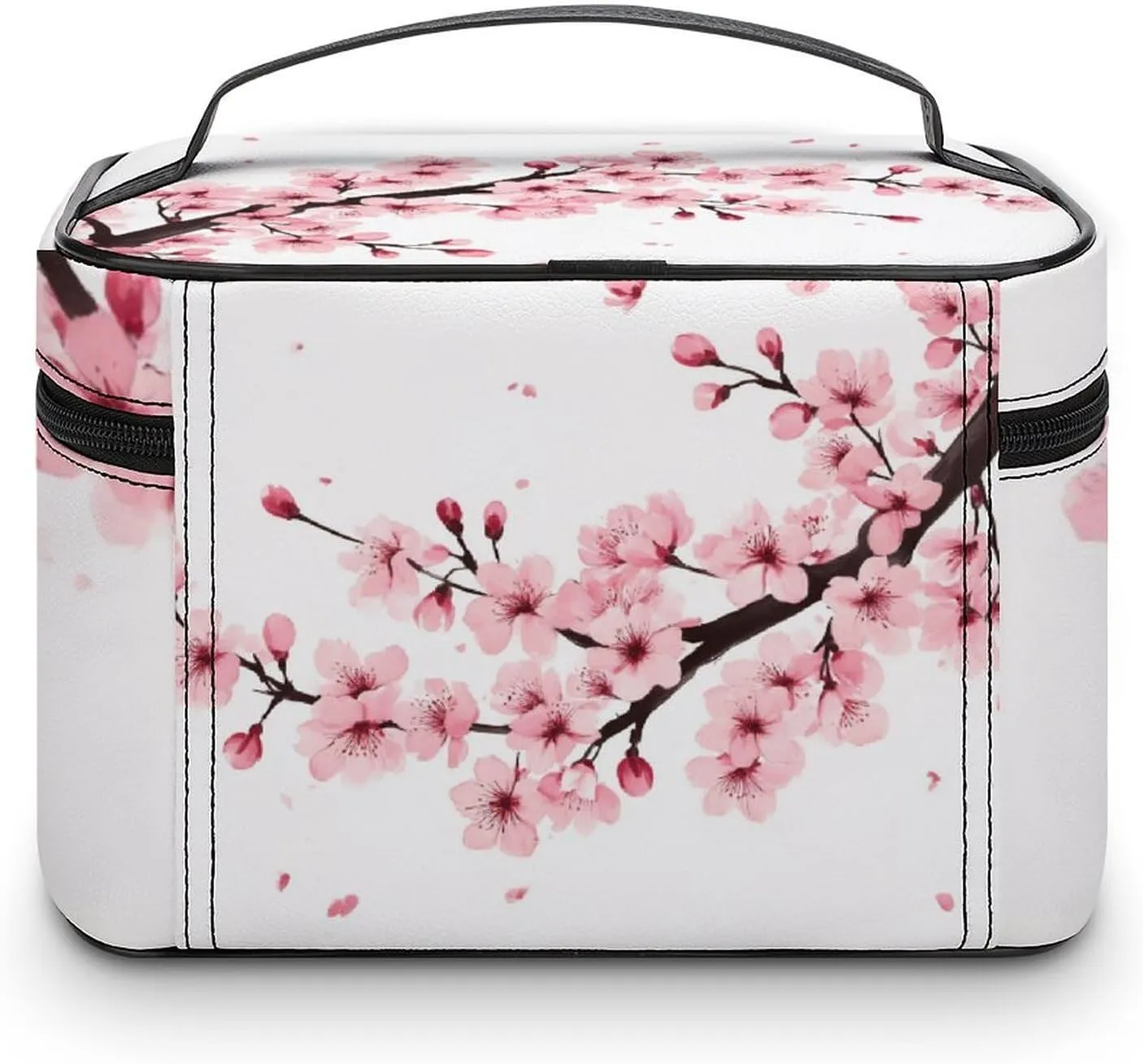 Women's Portable Makeup Bag, Travel Large Cosmetic Storage Case Branch Of A Flourishing Tree Cherry Flowers Blossoms Spring Theme Art Toiletry Organizer Bag with Zipper Pouch