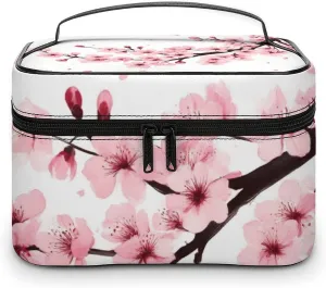 Women's Portable Makeup Bag, Travel Large Cosmetic Storage Case Branch Of A Flourishing Tree Cherry Flowers Blossoms Spring Theme Art Toiletry Organizer Bag with Zipper Pouch