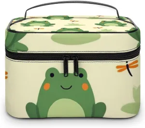 Women's Portable Makeup Bag, Travel Large Cosmetic Storage Case Green Frog Animal Cute Frogs Toiletry Organizer Bag with Zipper Pouch