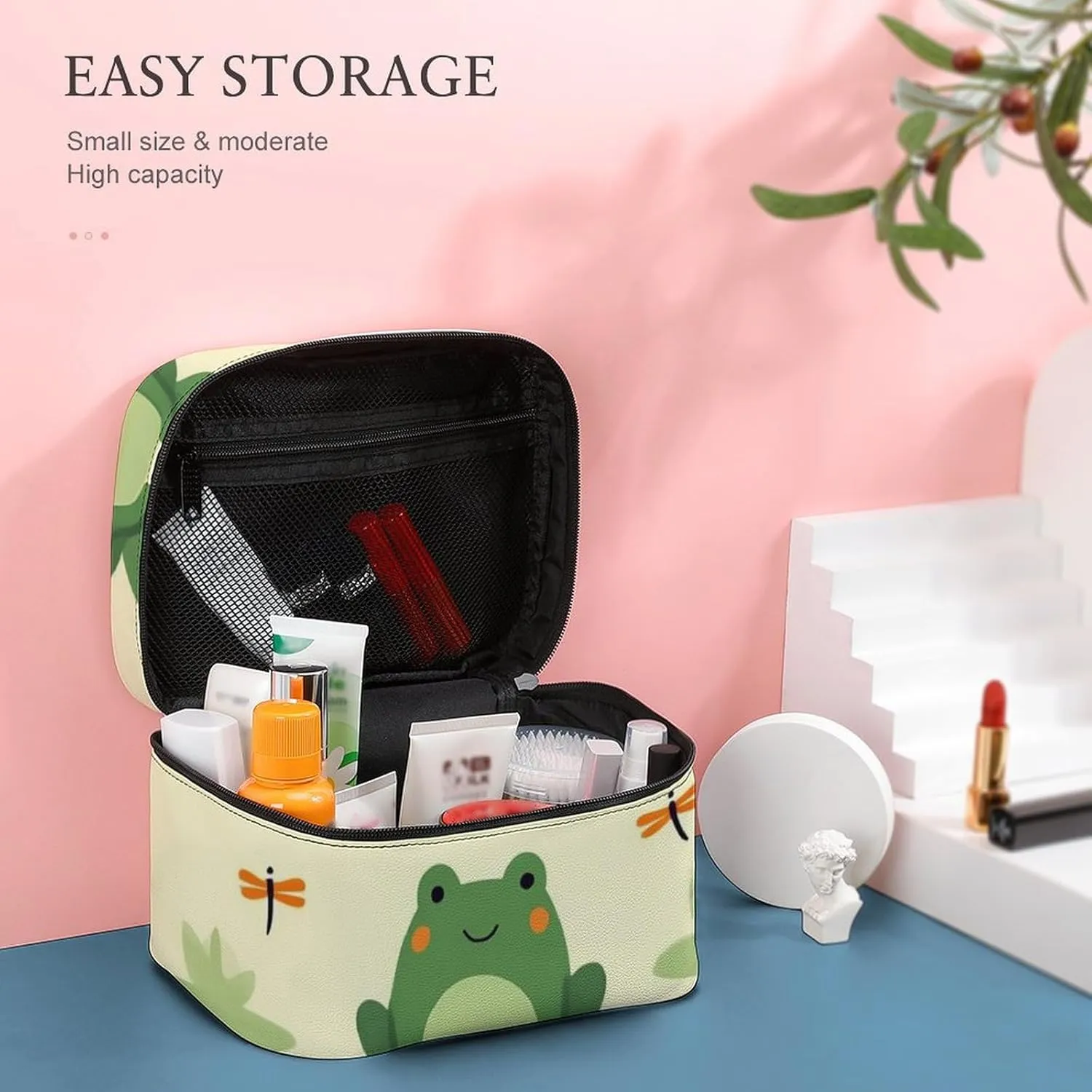Women's Portable Makeup Bag, Travel Large Cosmetic Storage Case Green Frog Animal Cute Frogs Toiletry Organizer Bag with Zipper Pouch