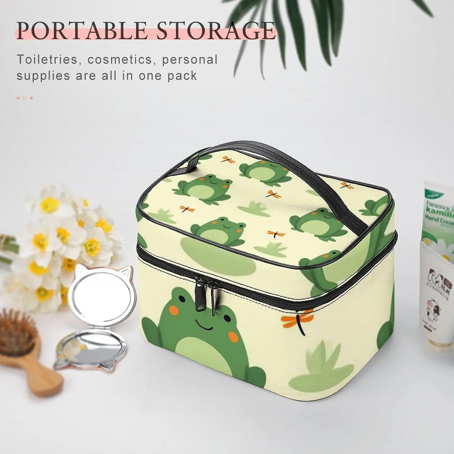 Women's Portable Makeup Bag, Travel Large Cosmetic Storage Case Green Frog Animal Cute Frogs Toiletry Organizer Bag with Zipper Pouch