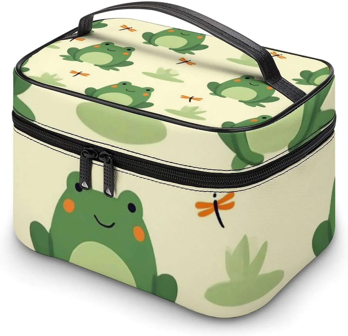 Women's Portable Makeup Bag, Travel Large Cosmetic Storage Case Green Frog Animal Cute Frogs Toiletry Organizer Bag with Zipper Pouch