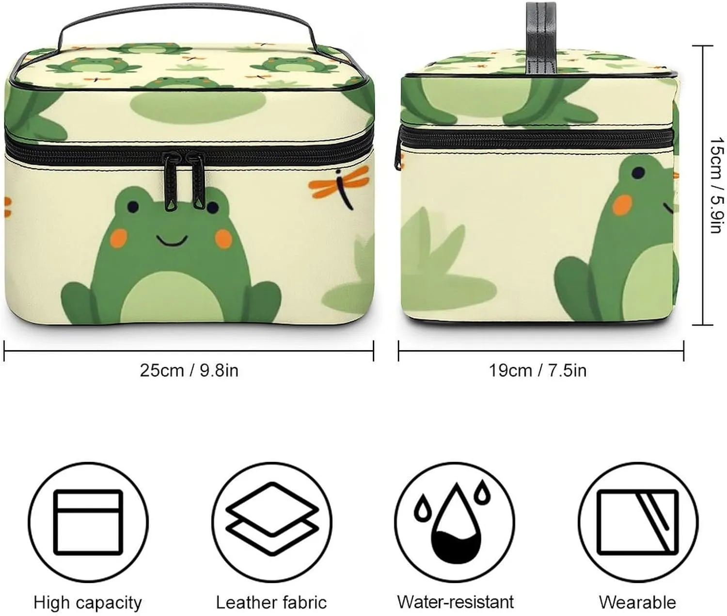 Women's Portable Makeup Bag, Travel Large Cosmetic Storage Case Green Frog Animal Cute Frogs Toiletry Organizer Bag with Zipper Pouch