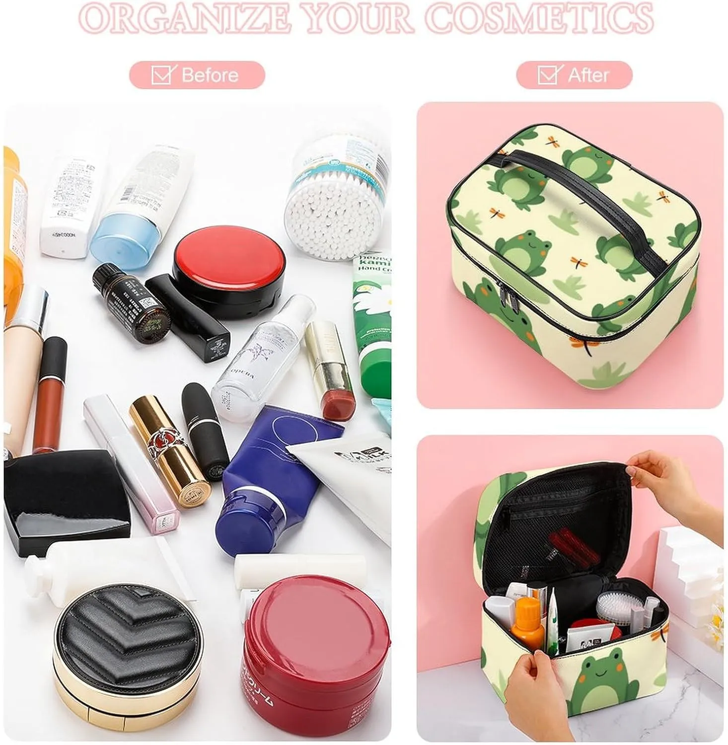 Women's Portable Makeup Bag, Travel Large Cosmetic Storage Case Green Frog Animal Cute Frogs Toiletry Organizer Bag with Zipper Pouch