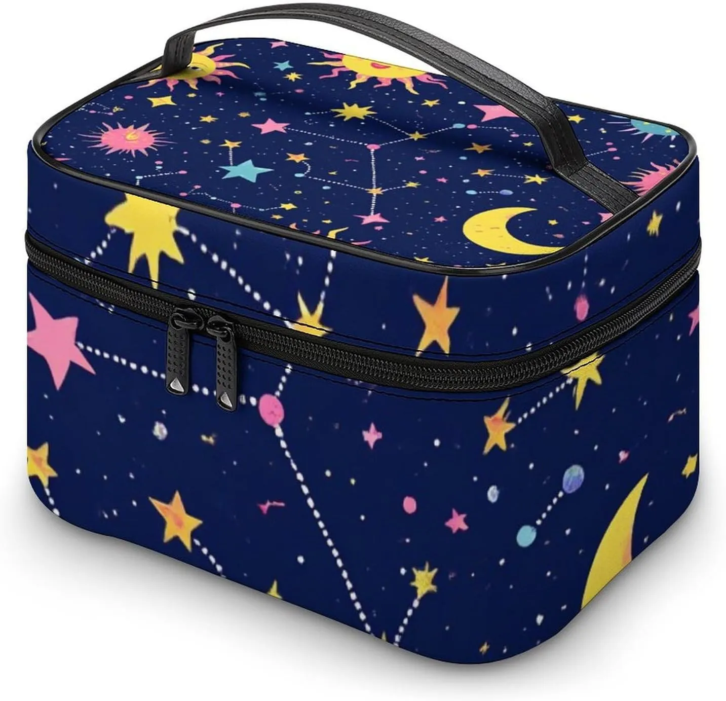 Womens Travel Makeup Bag, Waterproof Cosmetic Organizer Case Space Galaxy Constellation Sun Moon Stars Pattern Toiletry Storage Bag with Zipper Mesh Pouch