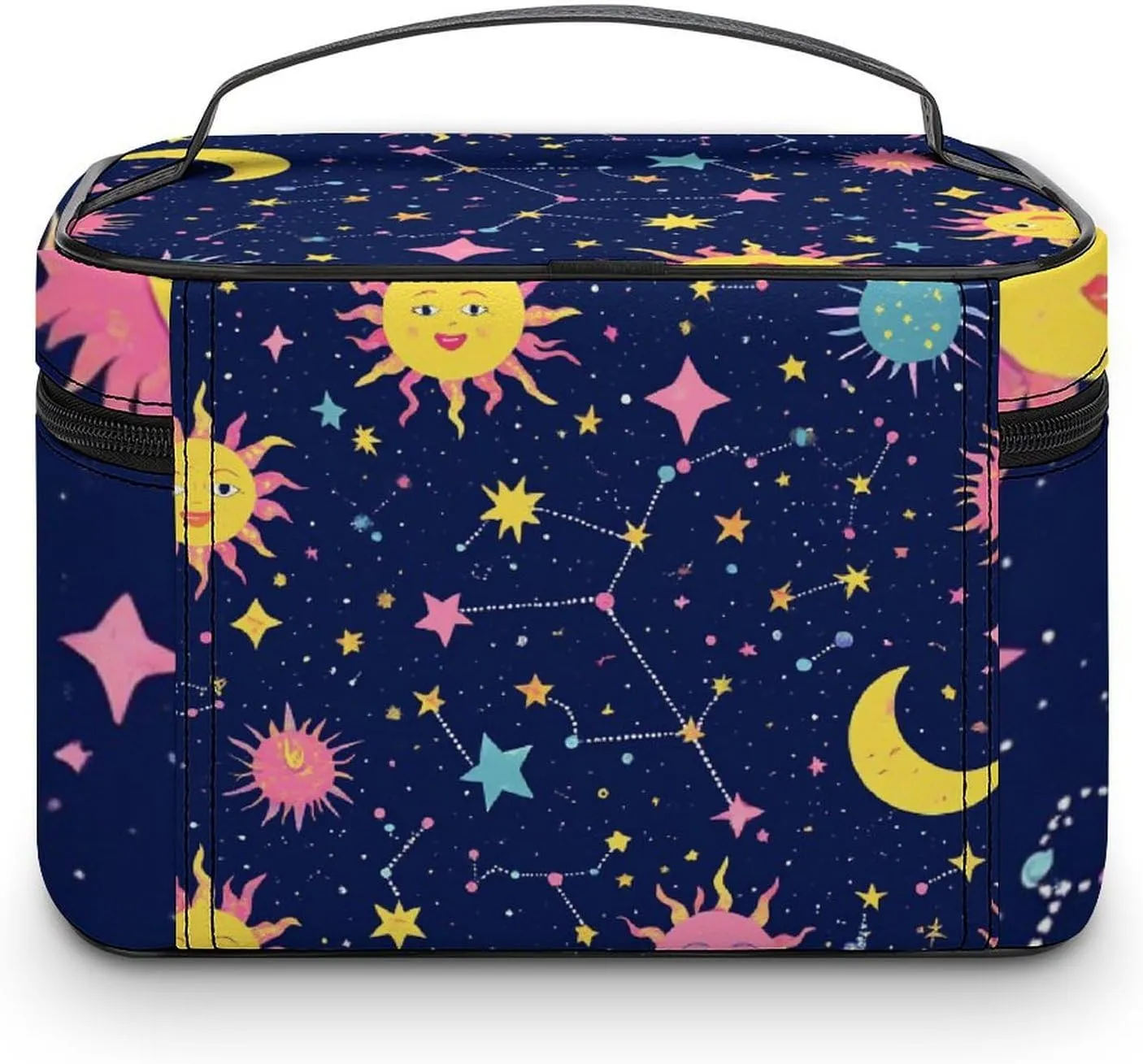 Womens Travel Makeup Bag, Waterproof Cosmetic Organizer Case Space Galaxy Constellation Sun Moon Stars Pattern Toiletry Storage Bag with Zipper Mesh Pouch