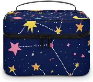 Womens Travel Makeup Bag, Waterproof Cosmetic Organizer Case Space Galaxy Constellation Sun Moon Stars Pattern Toiletry Storage Bag with Zipper Mesh Pouch