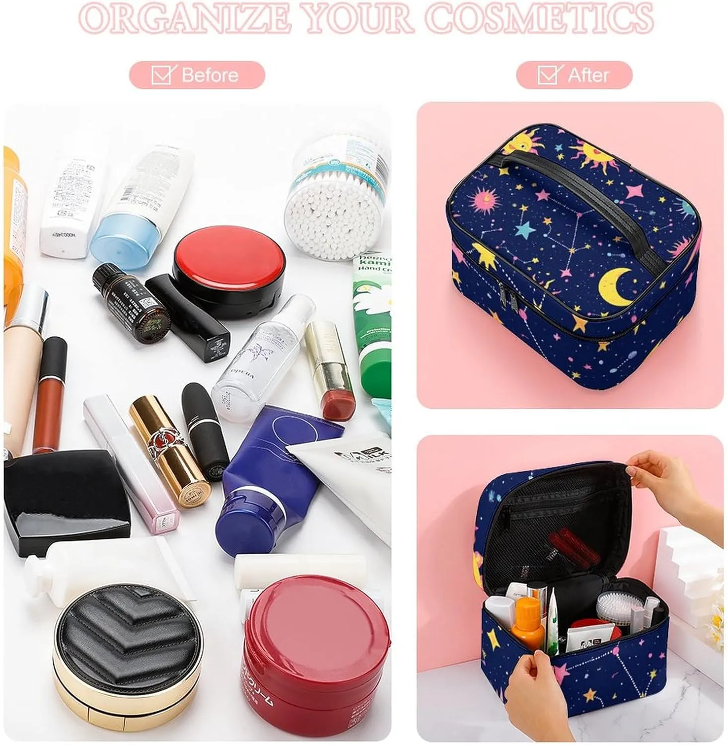 Womens Travel Makeup Bag, Waterproof Cosmetic Organizer Case Space Galaxy Constellation Sun Moon Stars Pattern Toiletry Storage Bag with Zipper Mesh Pouch
