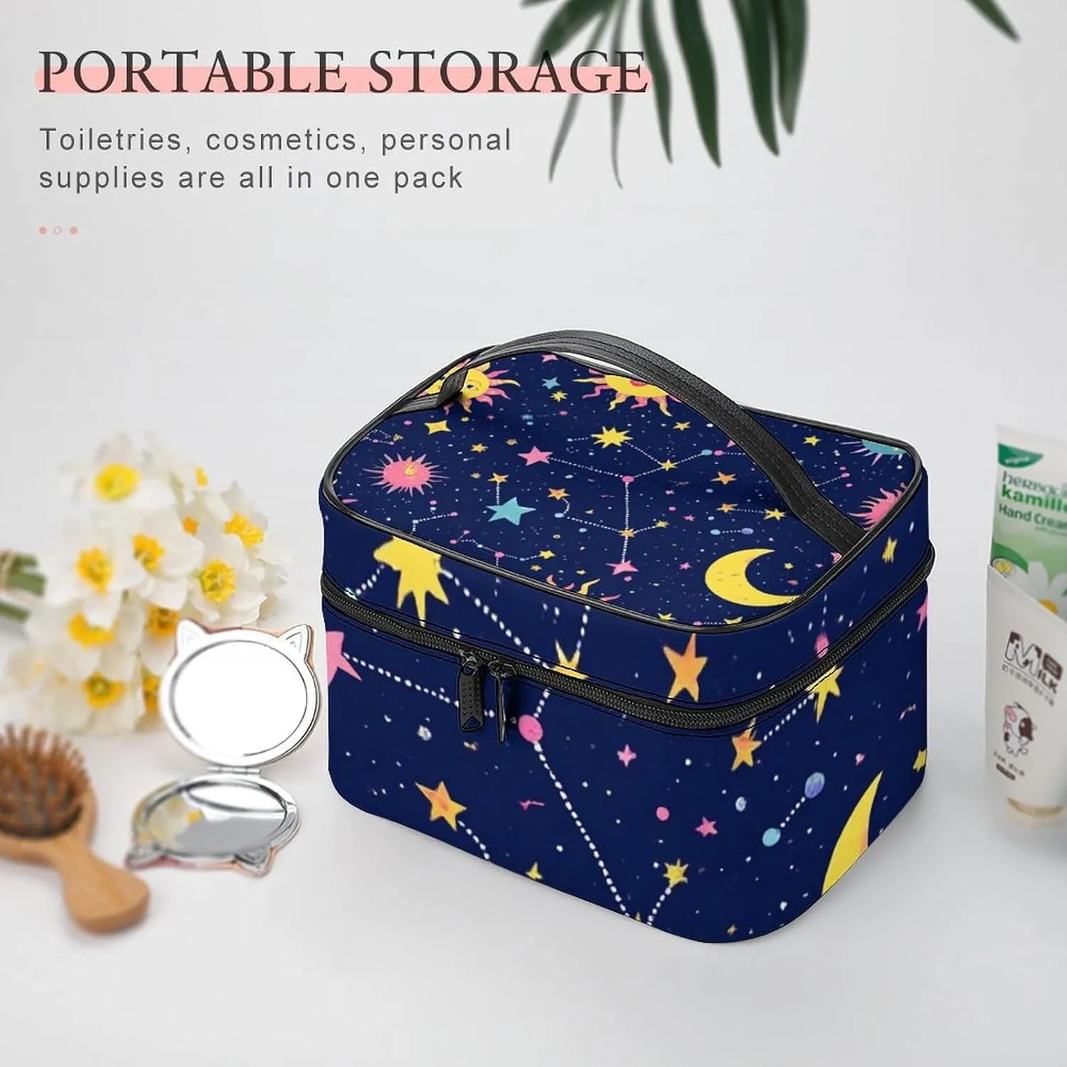 Womens Travel Makeup Bag, Waterproof Cosmetic Organizer Case Space Galaxy Constellation Sun Moon Stars Pattern Toiletry Storage Bag with Zipper Mesh Pouch