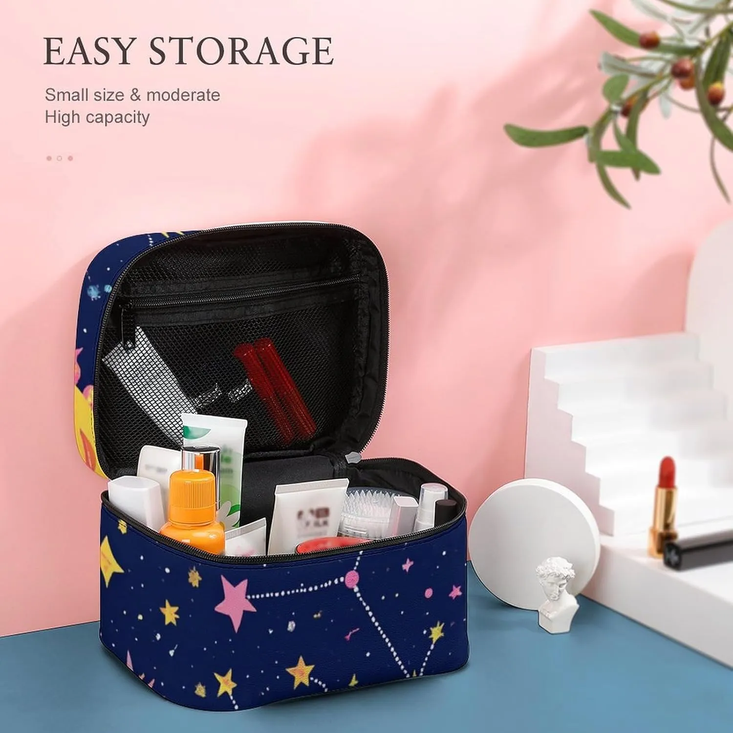 Womens Travel Makeup Bag, Waterproof Cosmetic Organizer Case Space Galaxy Constellation Sun Moon Stars Pattern Toiletry Storage Bag with Zipper Mesh Pouch