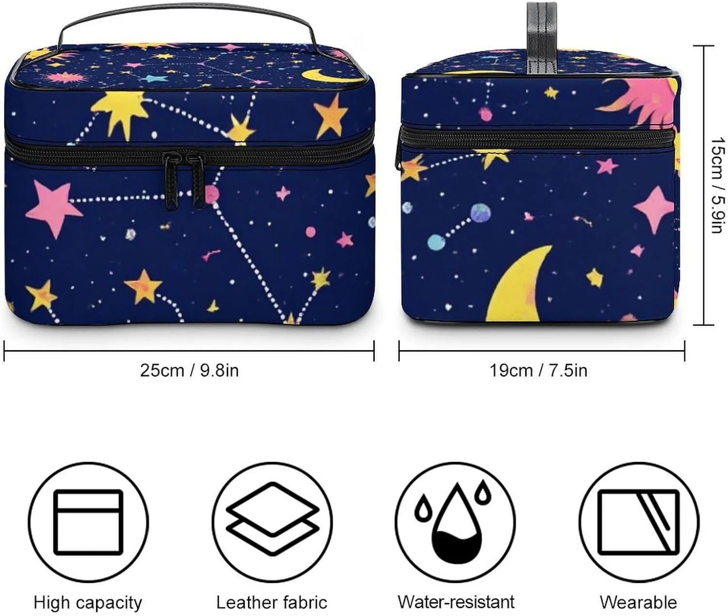 Womens Travel Makeup Bag, Waterproof Cosmetic Organizer Case Space Galaxy Constellation Sun Moon Stars Pattern Toiletry Storage Bag with Zipper Mesh Pouch