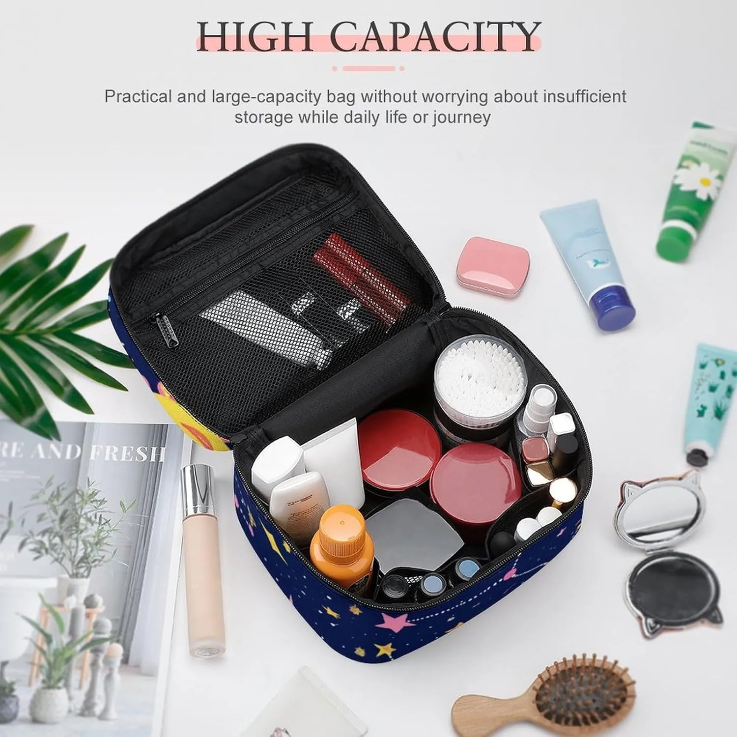 Womens Travel Makeup Bag, Waterproof Cosmetic Organizer Case Space Galaxy Constellation Sun Moon Stars Pattern Toiletry Storage Bag with Zipper Mesh Pouch
