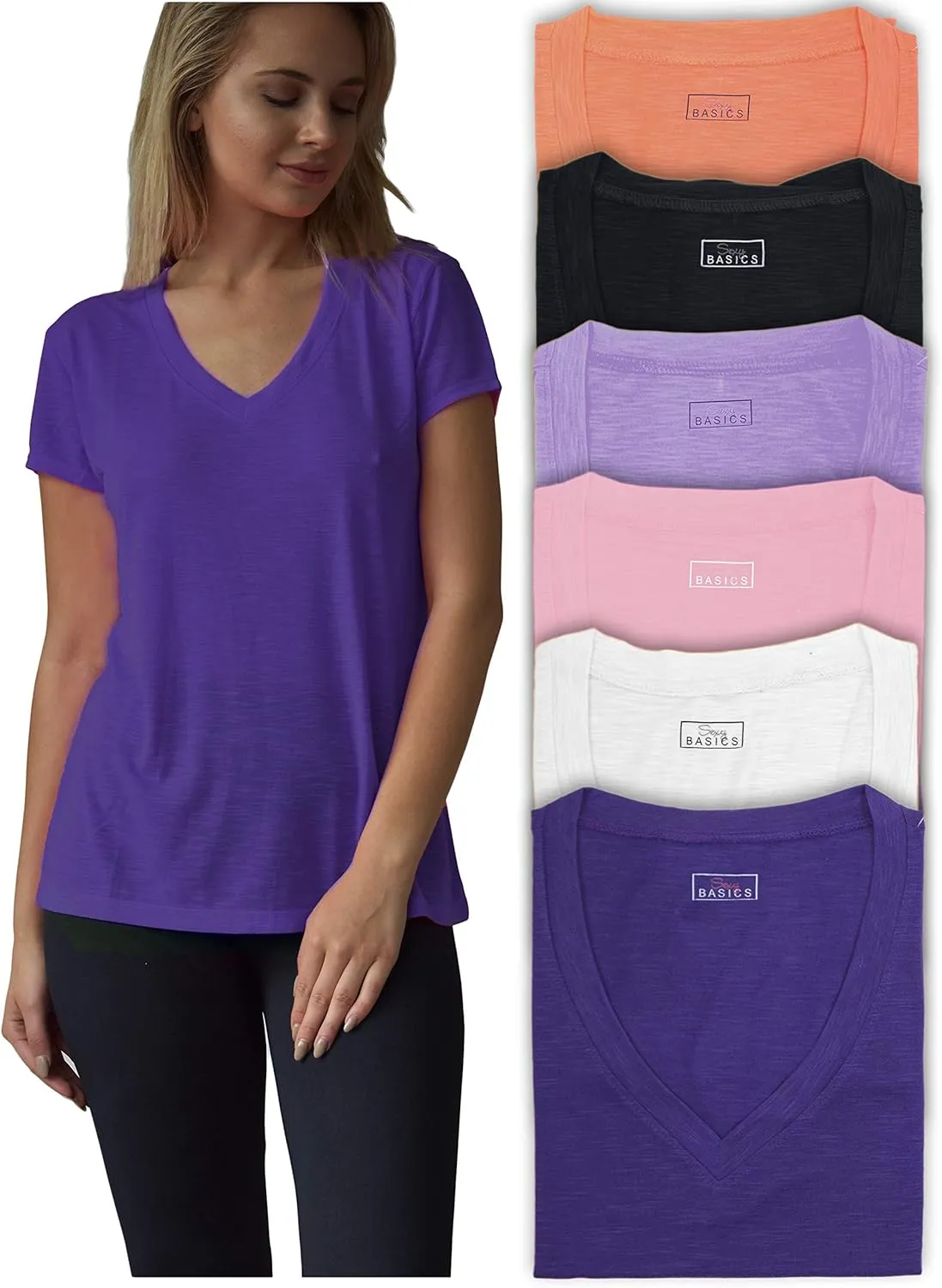 Women's V Neck T Shirts | Short Sleeve Tops | Flowy Slub Burnout Fabric | Active Casual Workout |Multi Packs Colors