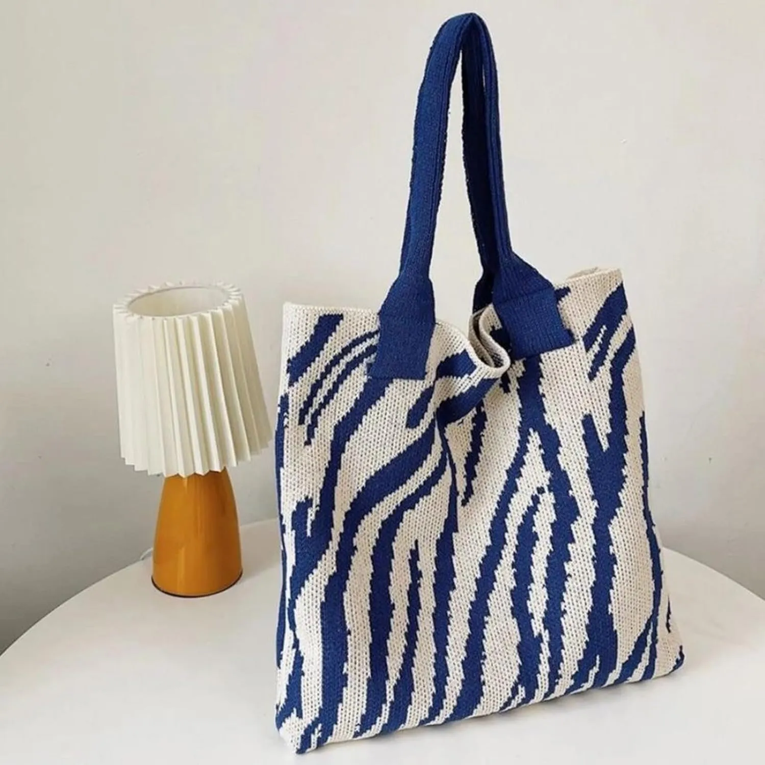 Women's Zebra-Stripe Knitted Tote Bag, Large Capacity Shoulder Bag, Trendy Zebra Print Woven Handbag