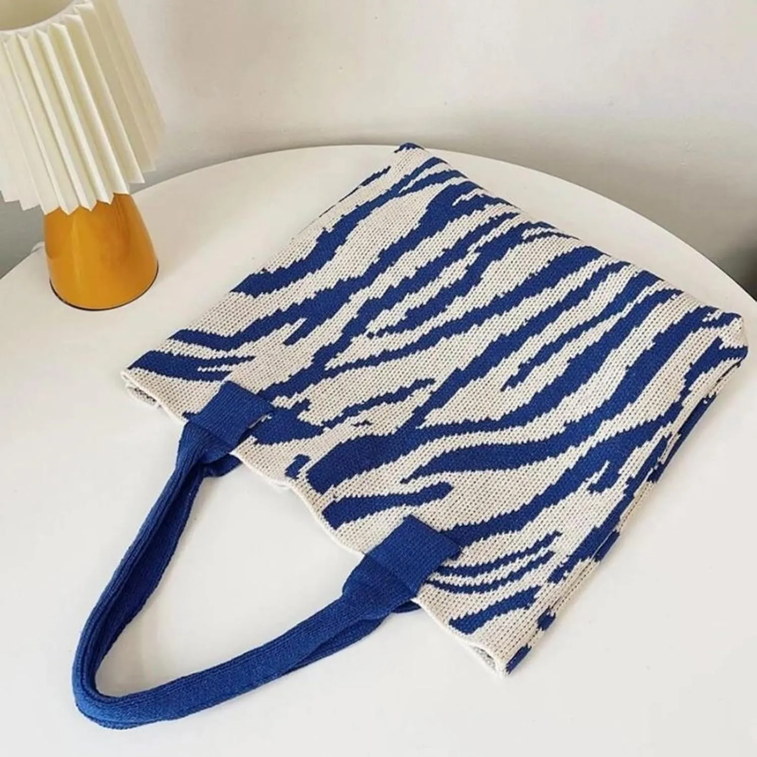 Women's Zebra-Stripe Knitted Tote Bag, Large Capacity Shoulder Bag, Trendy Zebra Print Woven Handbag
