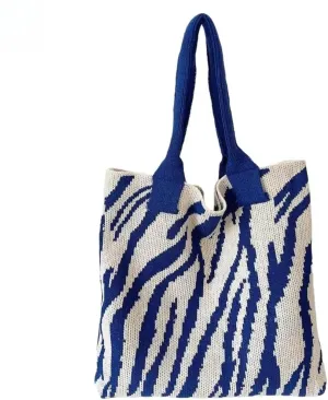 Women's Zebra-Stripe Knitted Tote Bag, Large Capacity Shoulder Bag, Trendy Zebra Print Woven Handbag