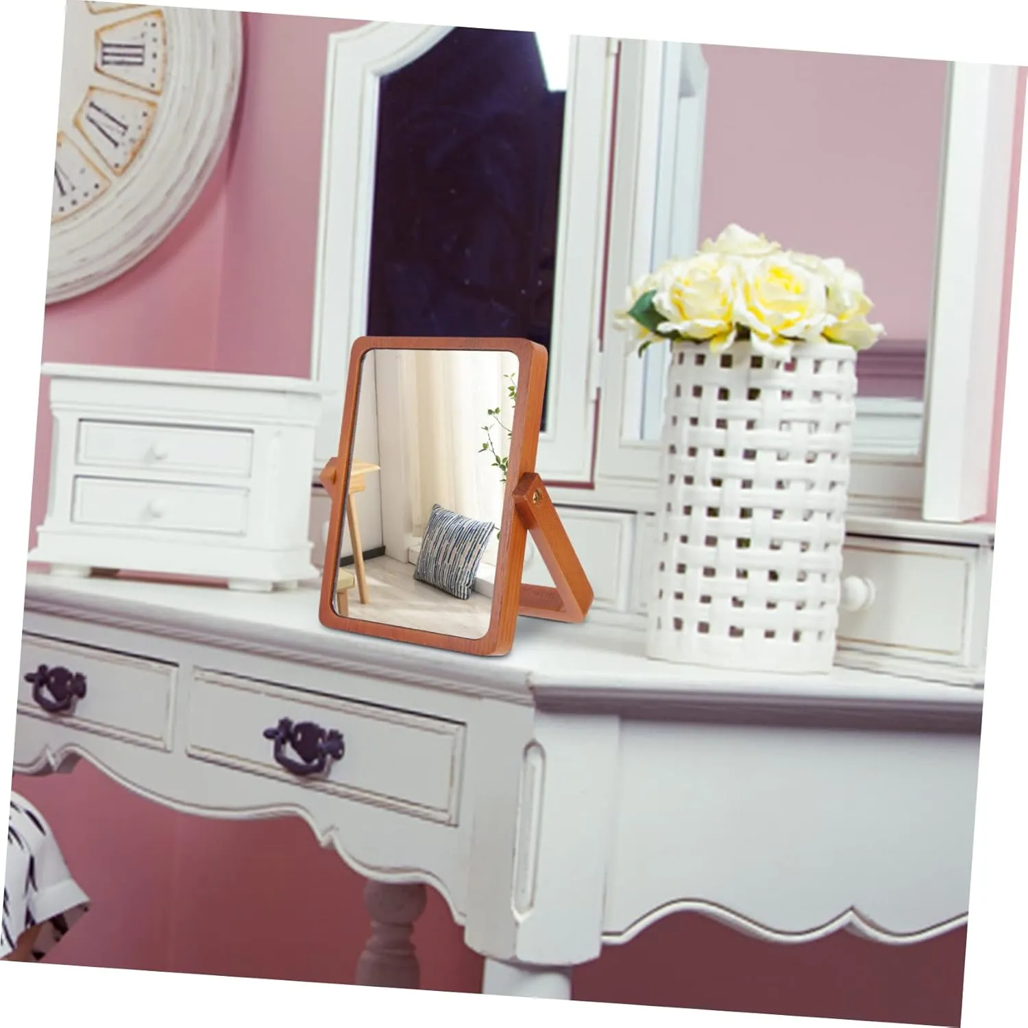 Wooden Desktop Mirror for Makeup Portable and Easy to Clean Suitable for Home Office and Travel