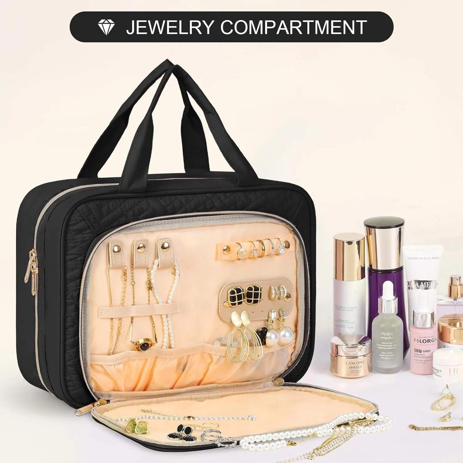 WOOMADA Toiletry Bag with Hanging Hook, Travel Toiletry Bag with Jewelry Organizer Compartment, Medium Travel Makeup Bag Cosmetic Organizer for Women（black）