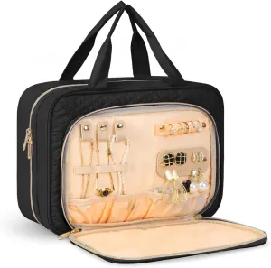 WOOMADA Toiletry Bag with Hanging Hook, Travel Toiletry Bag with Jewelry Organizer Compartment, Medium Travel Makeup Bag Cosmetic Organizer for Women（black）