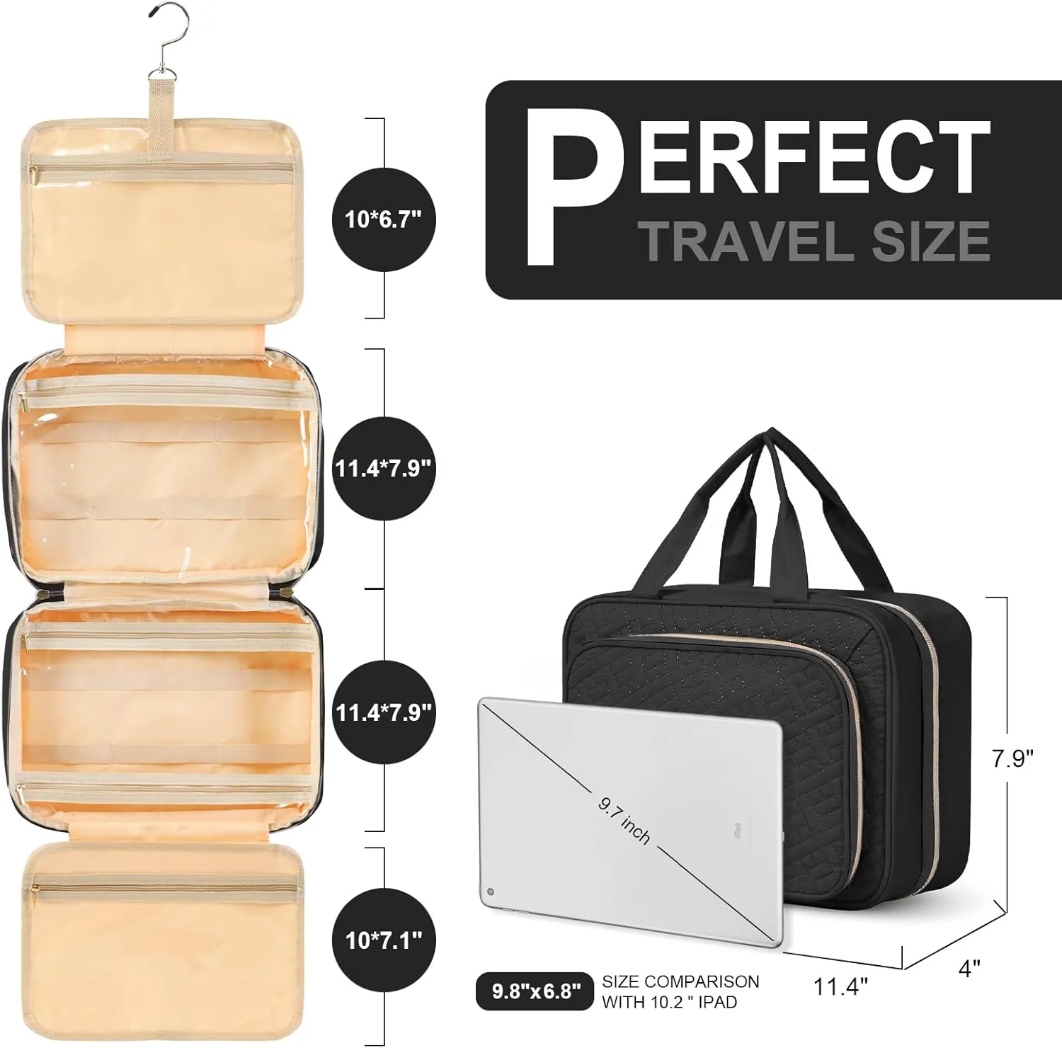 WOOMADA Toiletry Bag with Hanging Hook, Travel Toiletry Bag with Jewelry Organizer Compartment, Medium Travel Makeup Bag Cosmetic Organizer for Women（black）