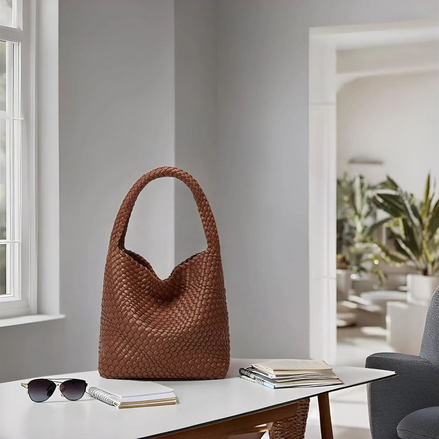 Woven Tote Bag for Women: Vegan Leather Shoulder Purse - Underarm Hobo Bag - Summer Beach Tote for Vacation